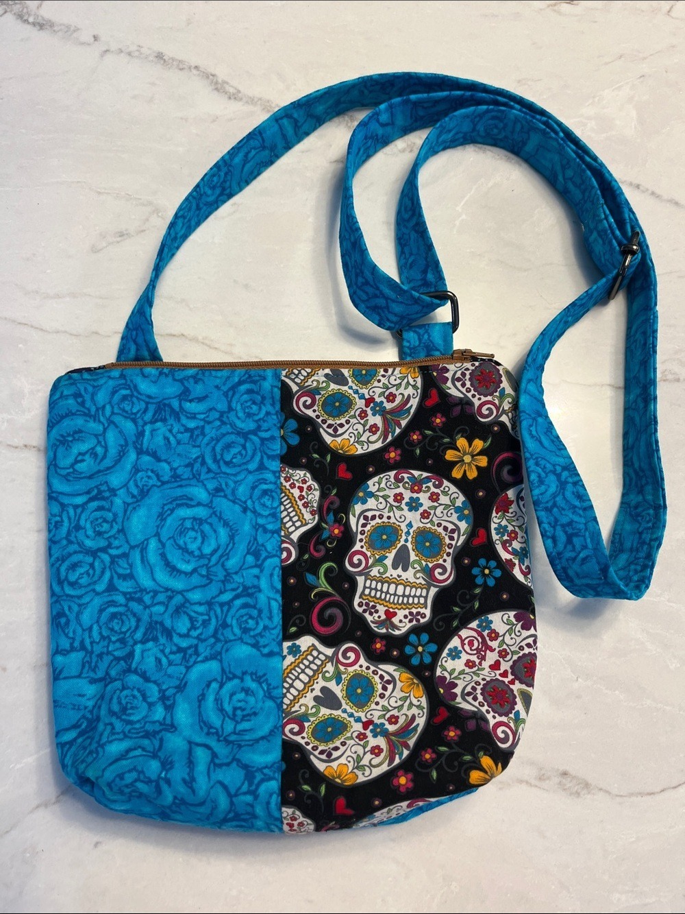 Teal Floral & Sugar Skull Crossbody Bag